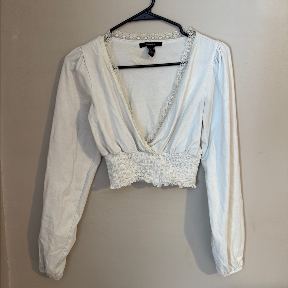 Forever 21 Cream Long Sleeve V-Neck Top